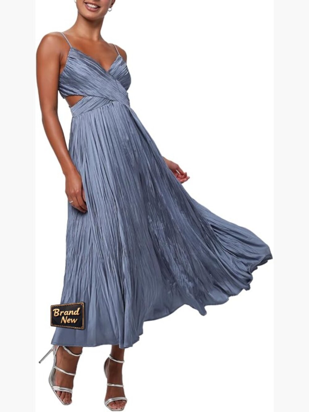 Midi Satin Cocktail Dress V-Neck Smocked Back Side Cutouts Adjustable Straps